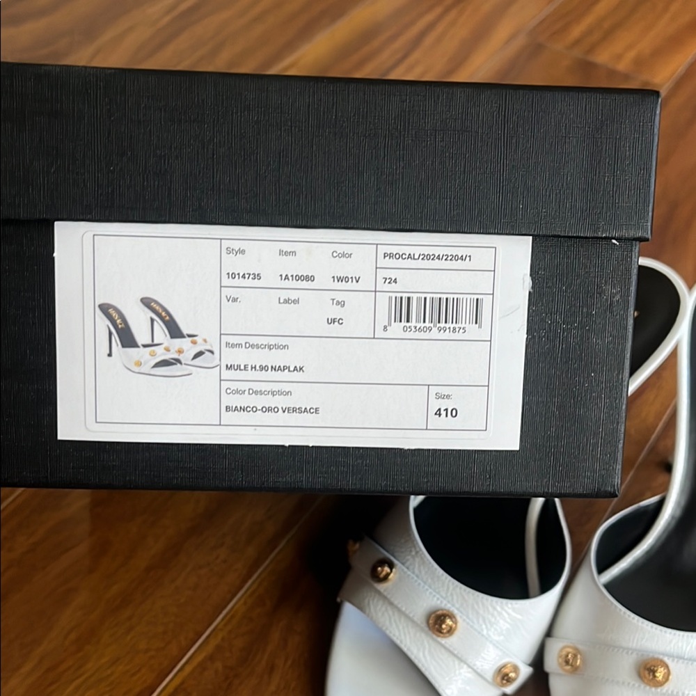 Versace White Leather Gold Medusa-Button Mules - Picture 7 of 7